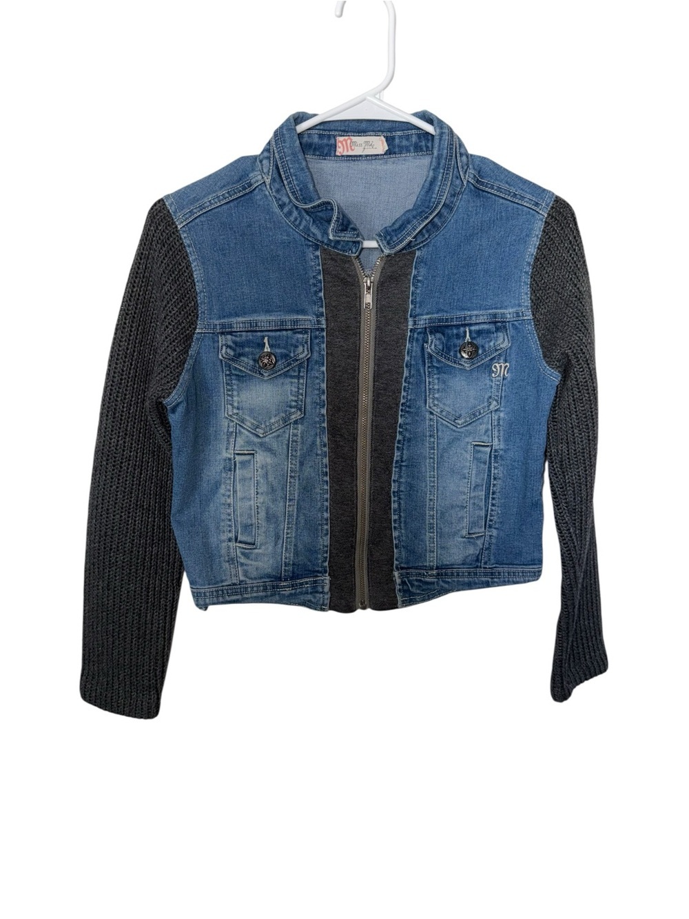 Miss Me Blue Denim Jacket with Charcoal Knit Sleeves